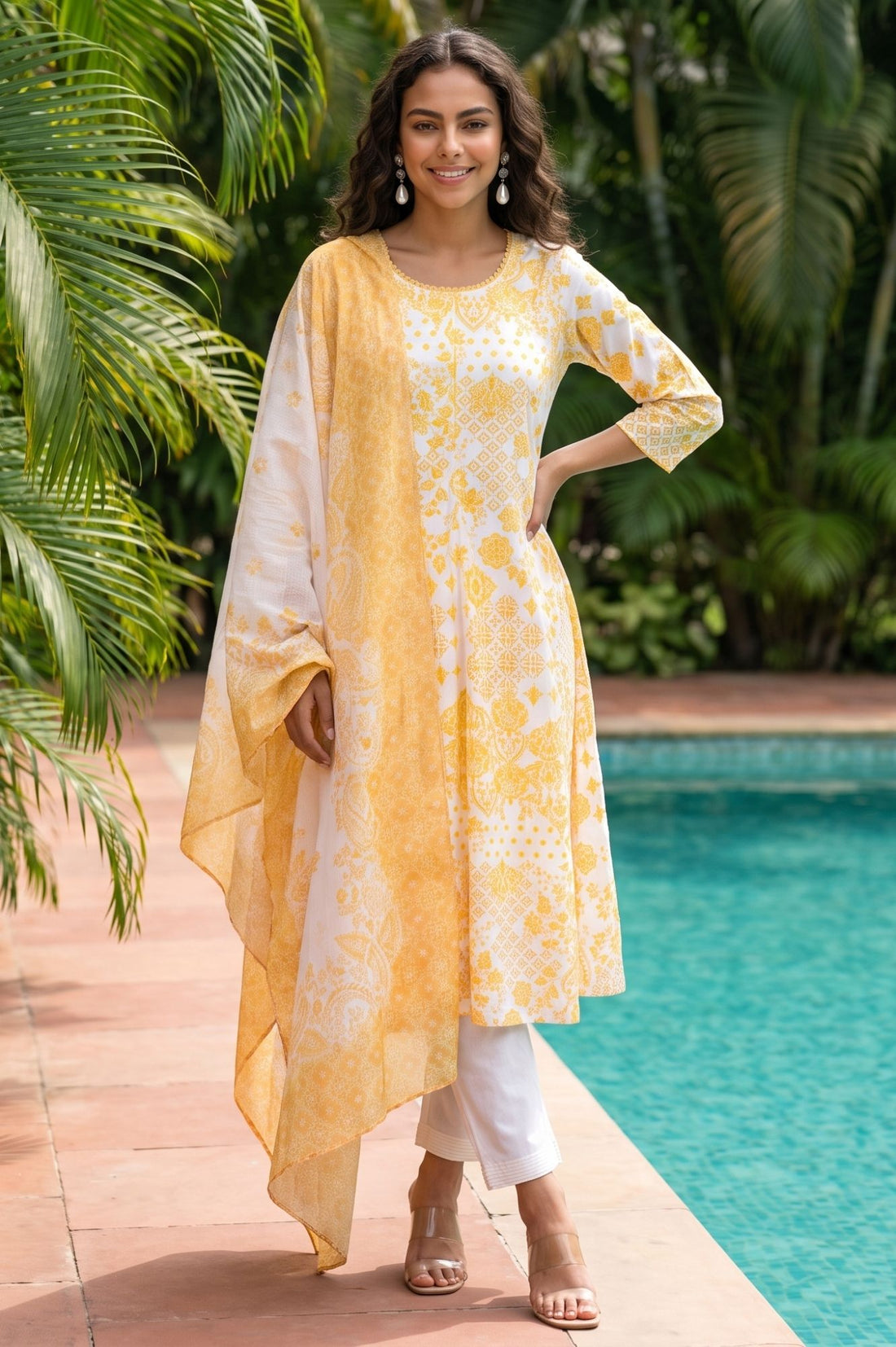 Off White Ethnic Motifs Printed Thread Embroidered Kota Dupatta