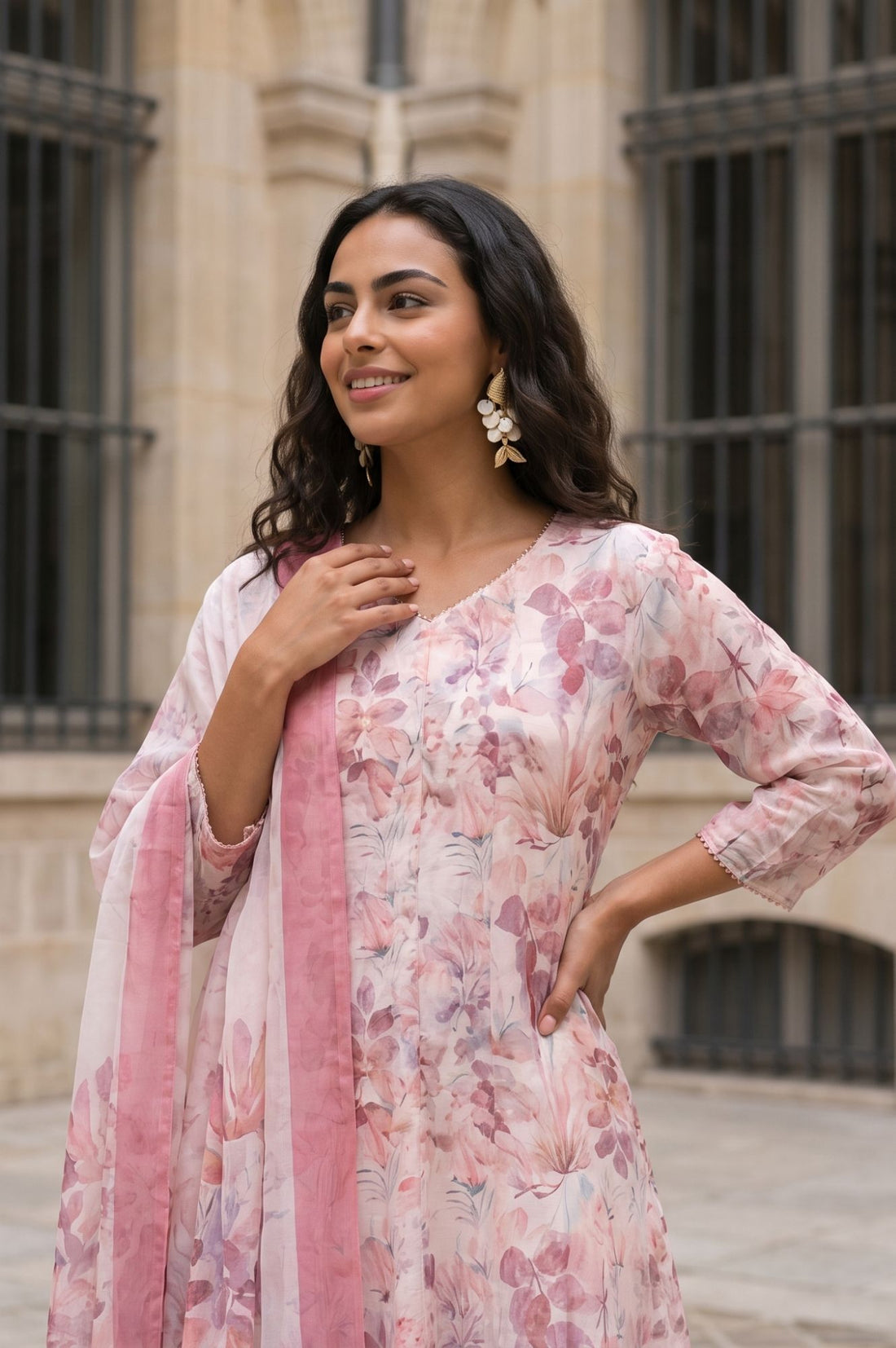 Off White Floral Printed Georgette Dupatta