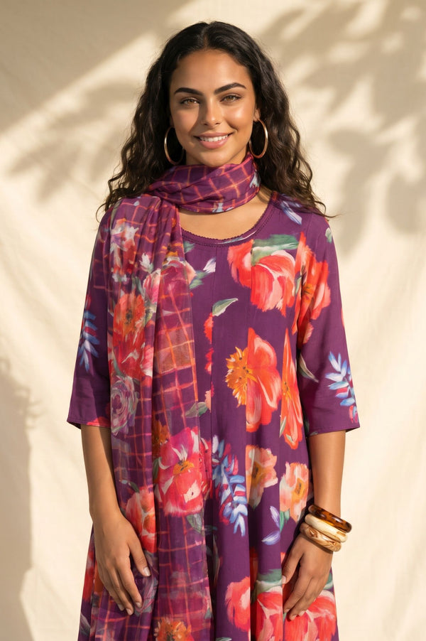 Purple Floral Printed Kota Dupatta
