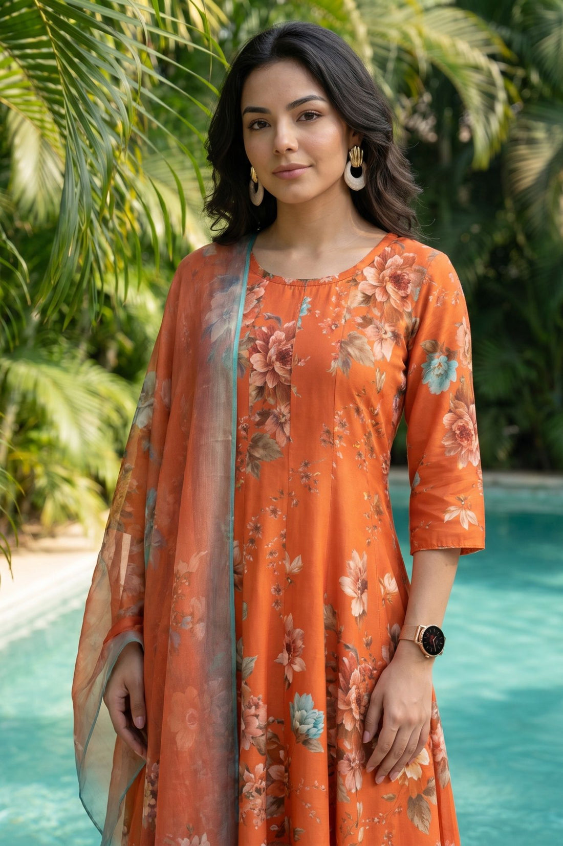 Orange Floral Printed Kota Dupatta