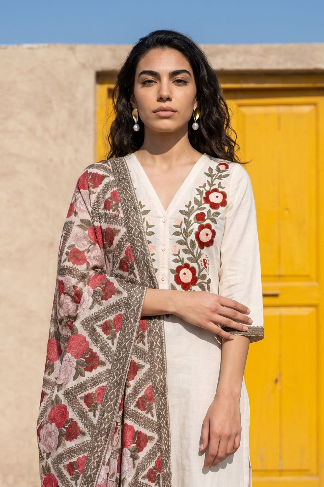 Cream Floral Printed Dupatta