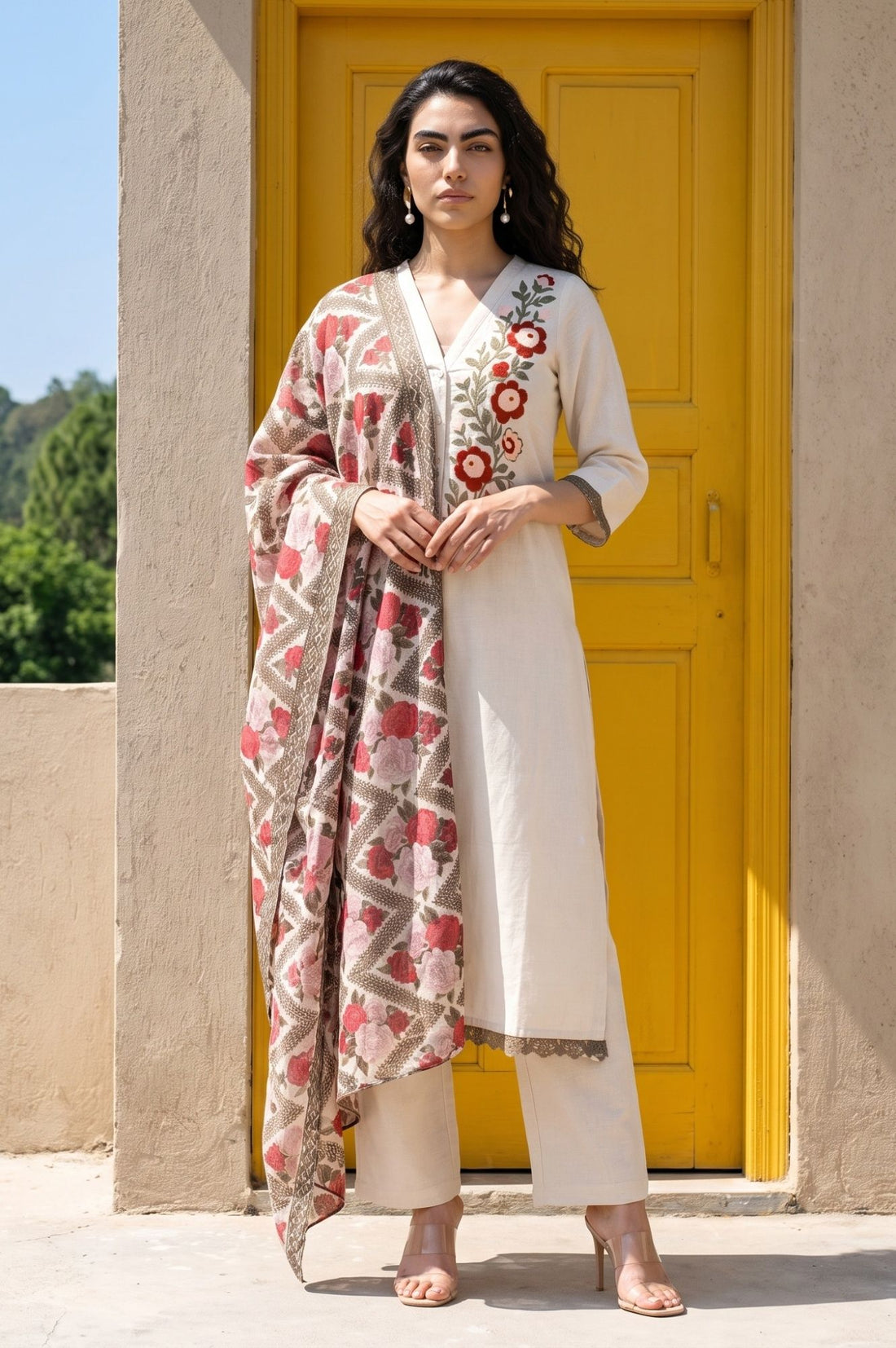 Cream Floral Printed Dupatta