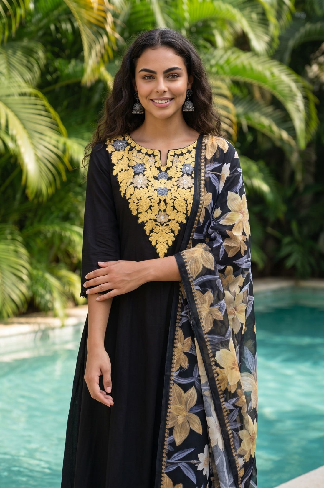 Black Floral Printed Georgette Dupatta