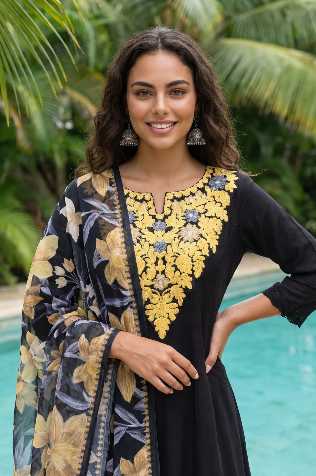 Black Floral Printed Georgette Dupatta