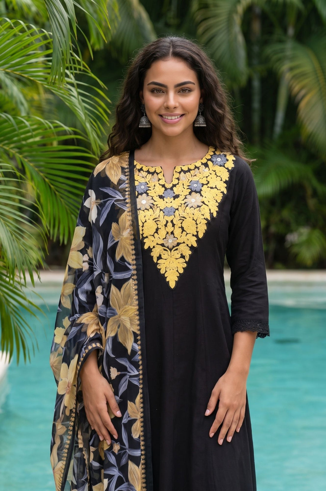 Black Floral Printed Georgette Dupatta