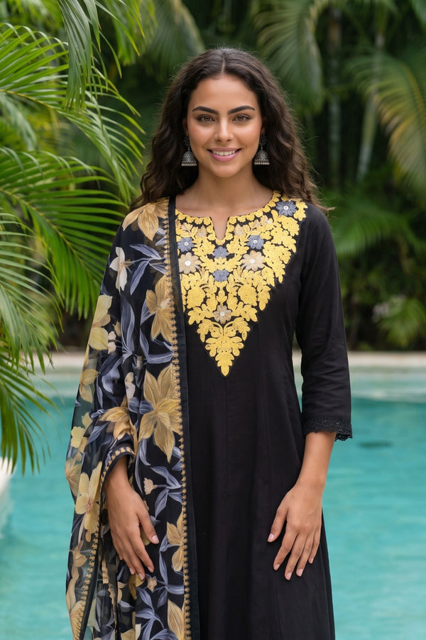 Black Floral Printed Georgette Dupatta