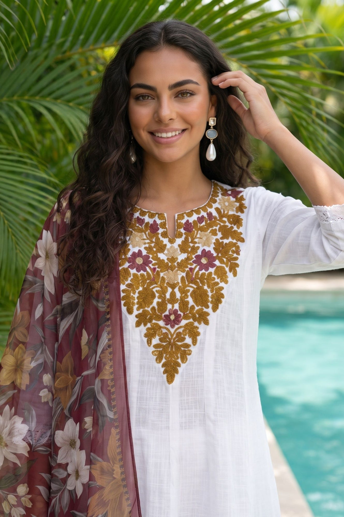 Maroon Floral Printed Georgette Dupatta