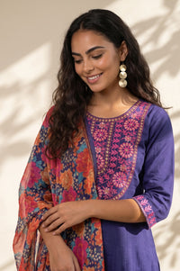 Navy Blue Floral Printed Georgette Dupatta