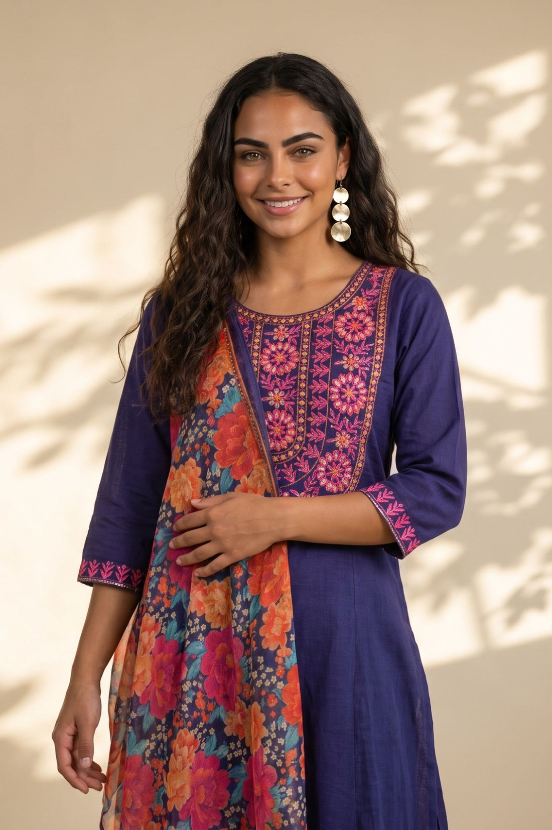 Navy Blue Floral Printed Georgette Dupatta