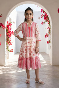 Off White Floral Printed Embroidered Cotton Blend A-line Dress