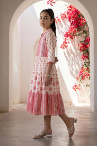 Off White Floral Printed Embroidered Cotton Blend A-line Dress