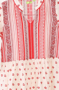 Off White Floral Printed Embroidered Cotton Blend A-line Dress