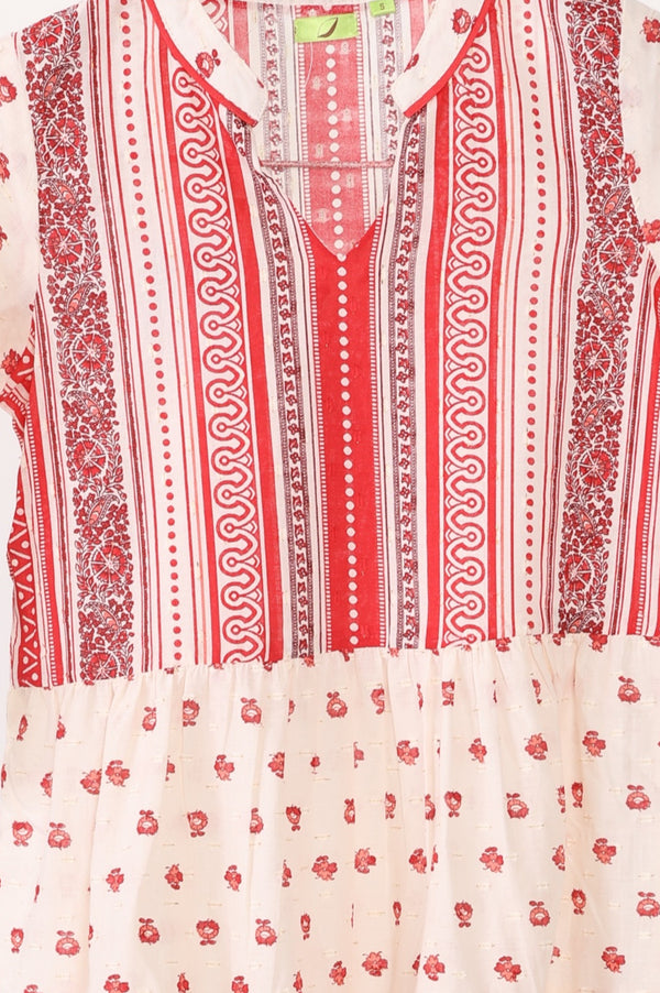 Off White Floral Printed Embroidered Cotton Blend A-line Dress
