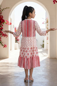 Off White Floral Printed Embroidered Cotton Blend A-line Dress