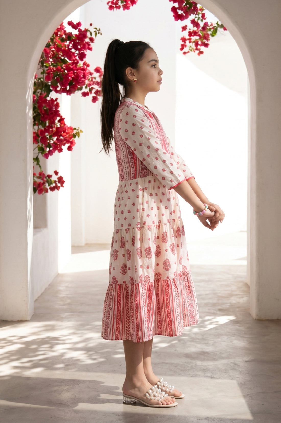 Off White Floral Printed Embroidered Cotton Blend A-line Dress