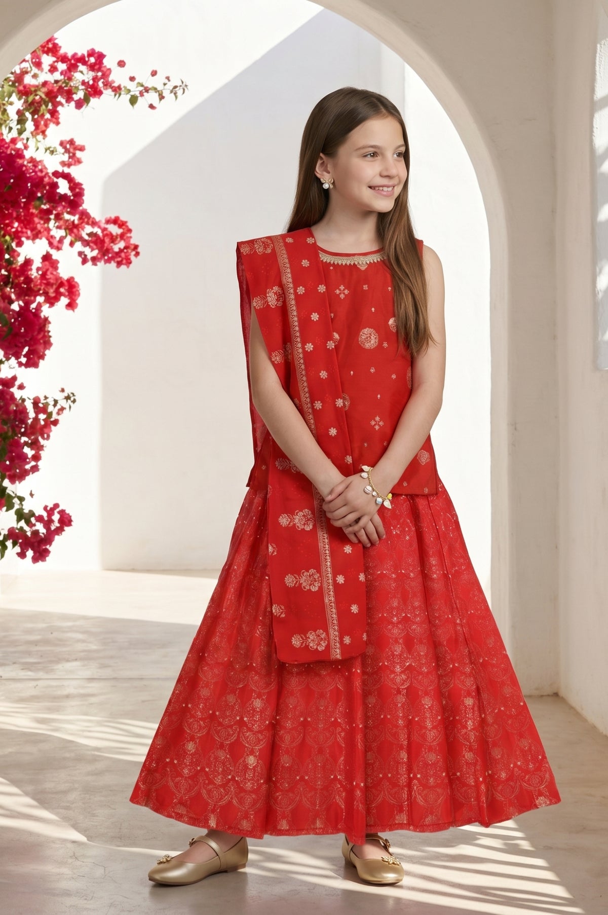 Red Foil Printed Sleeveless Straight Kurta with Palazzo and Dupatta Set - S
