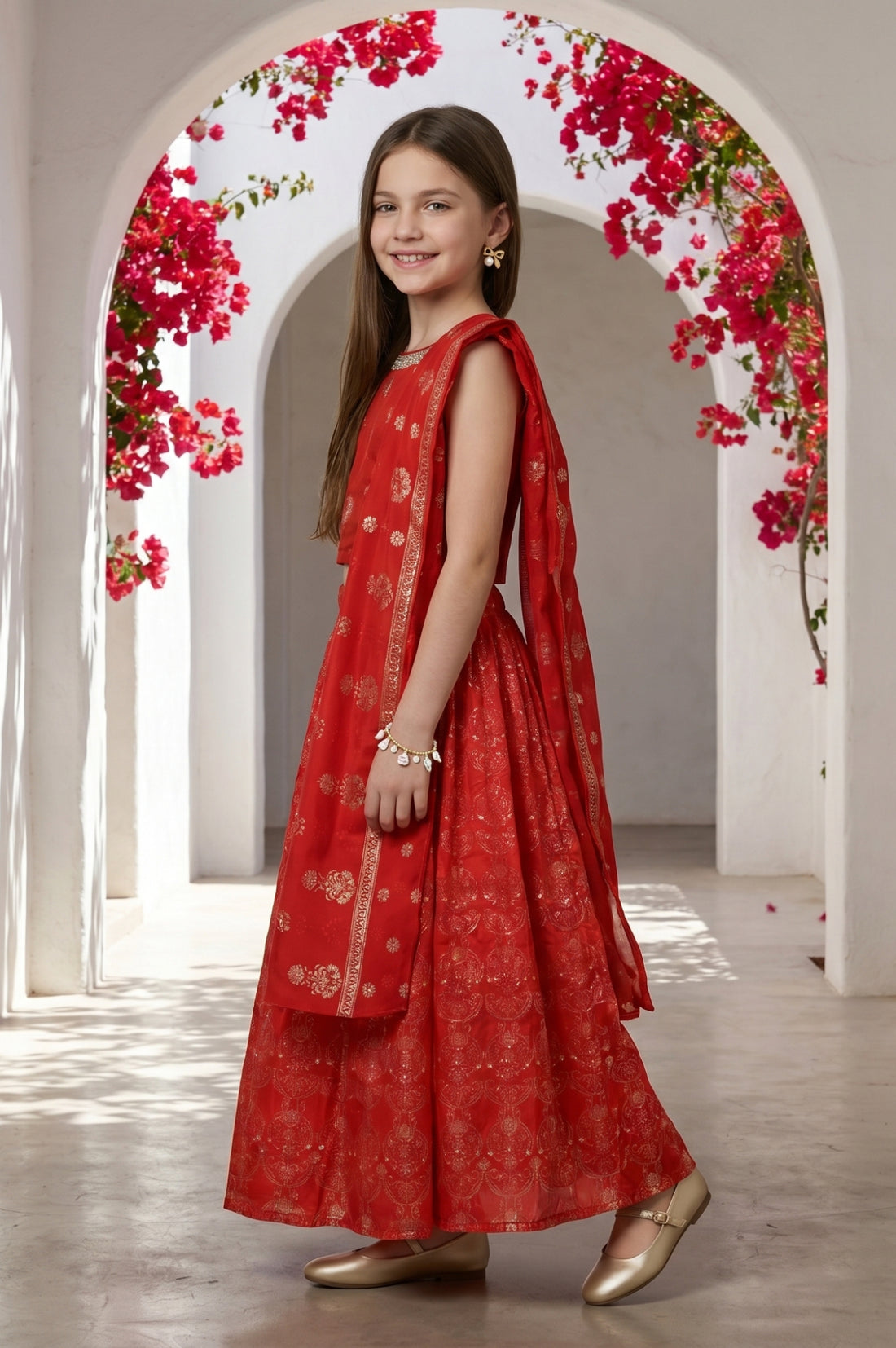 Red Foil Printed Sleeveless Straight Kurta with Palazzo and Dupatta Set
