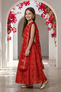 Red Foil Printed Sleeveless Straight Kurta with Palazzo and Dupatta Set