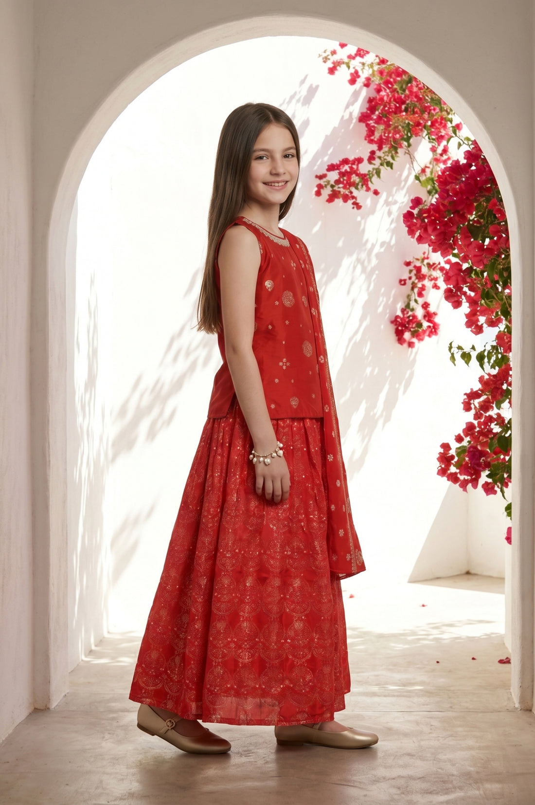 Red Foil Printed Sleeveless Straight Kurta with Palazzo and Dupatta Set