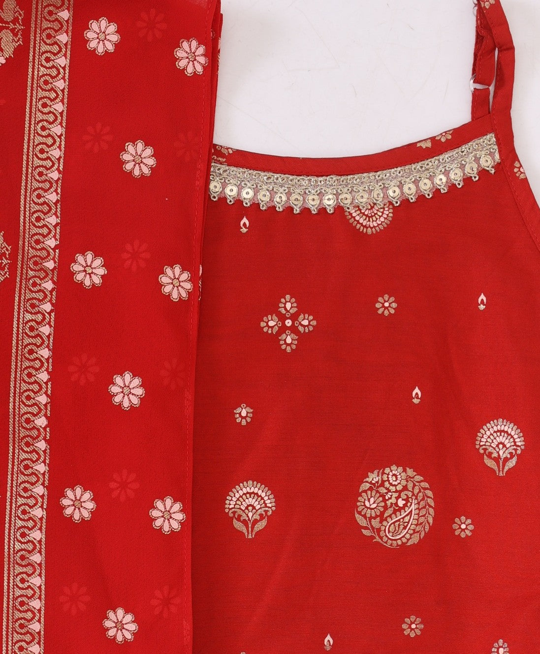 Red Foil Printed Sleeveless Straight Kurta with Palazzo and Dupatta Set