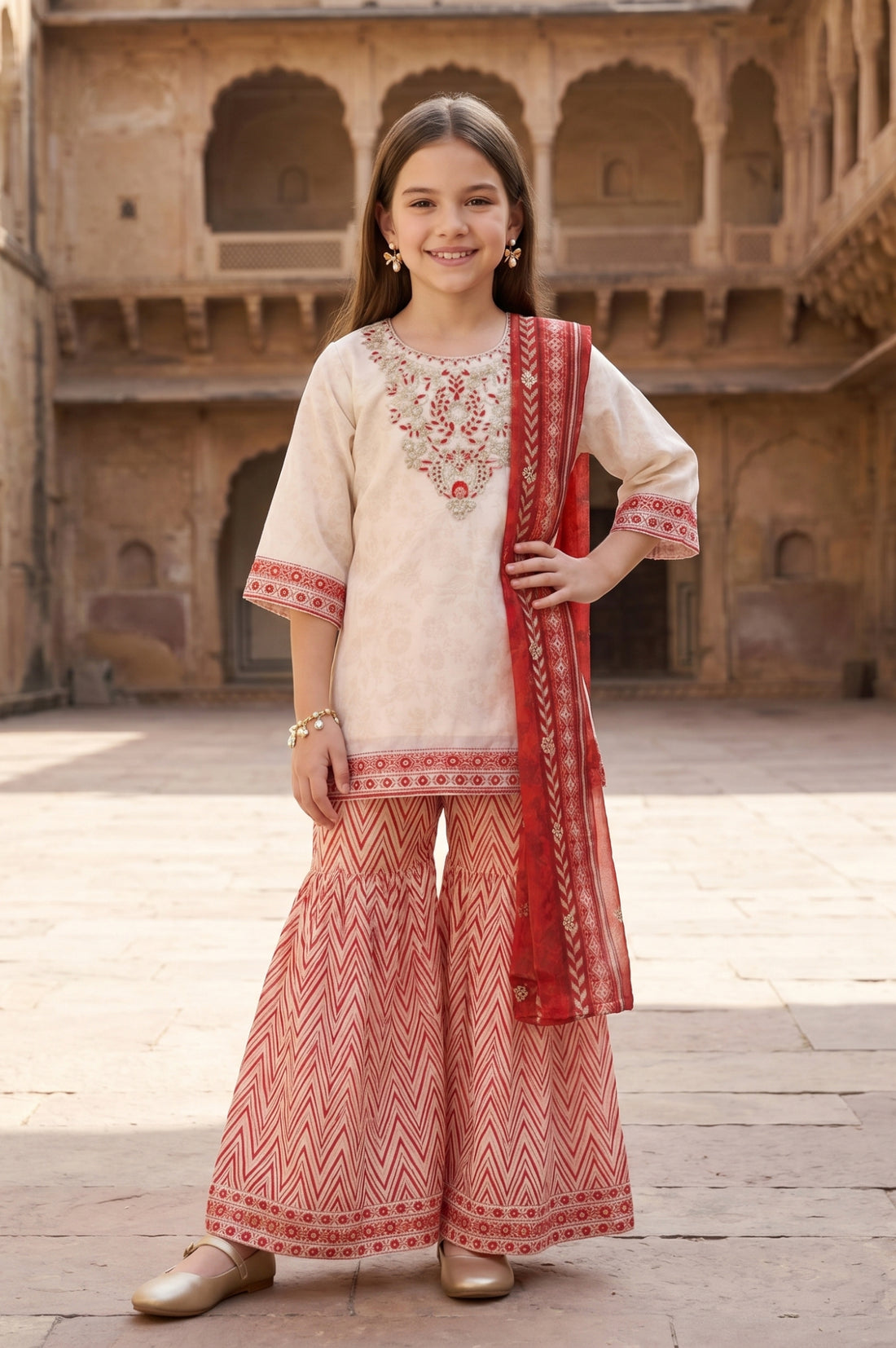 Cream Embroidered Chiffon Straight Kurta with Sharara and Dupatta Set