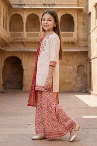 Cream Embroidered Chiffon Straight Kurta with Sharara and Dupatta Set