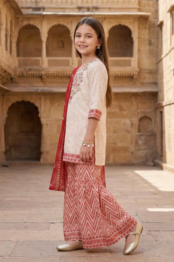 Cream Embroidered Chiffon Straight Kurta with Sharara and Dupatta Set