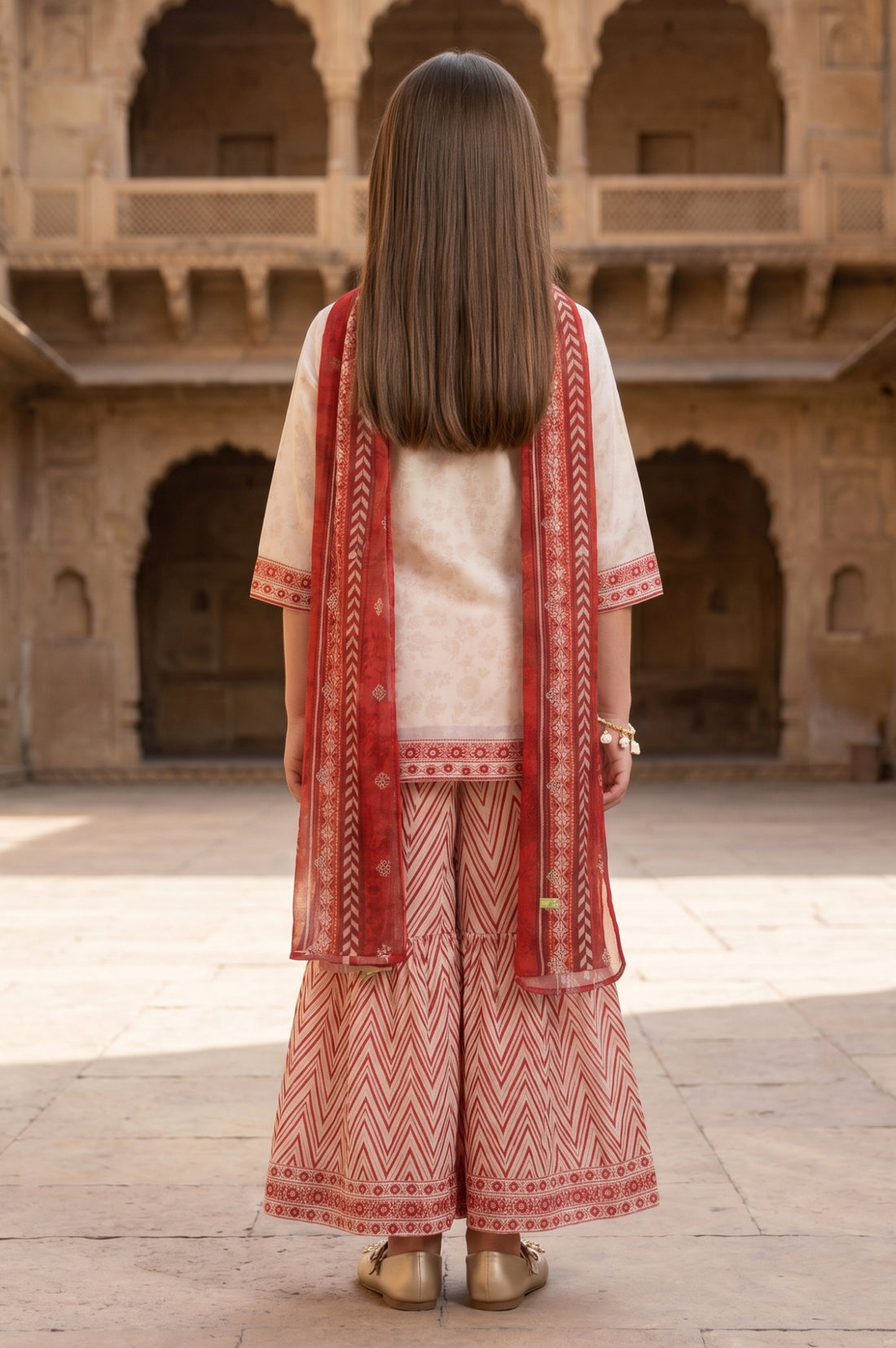 Cream Embroidered Chiffon Straight Kurta with Sharara and Dupatta Set