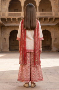 Cream Embroidered Chiffon Straight Kurta with Sharara and Dupatta Set