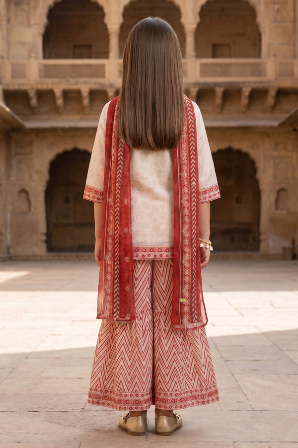 Cream Embroidered Chiffon Straight Kurta with Sharara and Dupatta Set