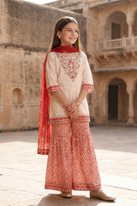 Cream Embroidered Chiffon Straight Kurta with Sharara and Dupatta Set