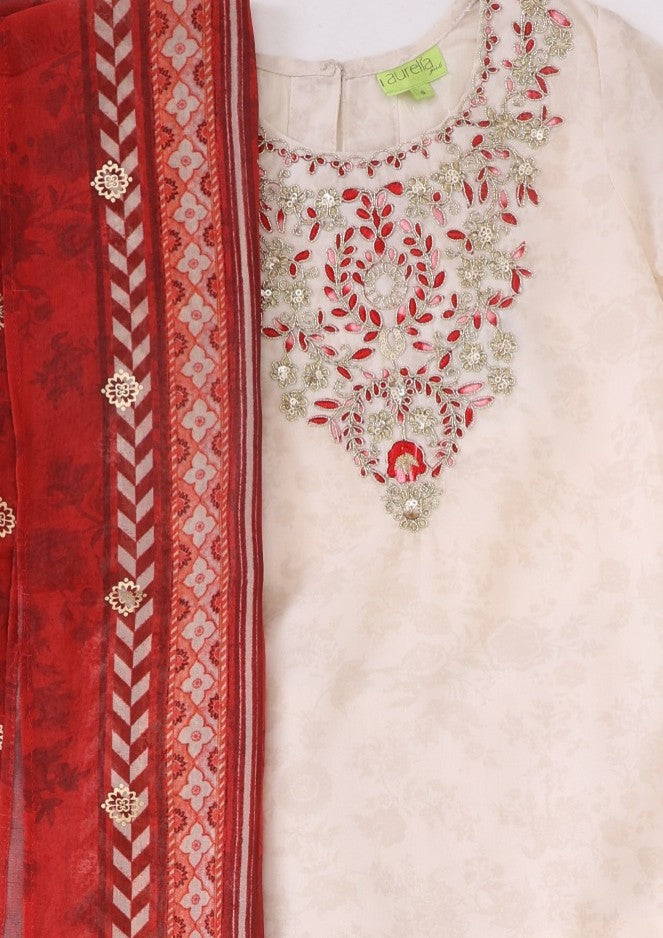 Cream Embroidered Chiffon Straight Kurta with Sharara and Dupatta Set