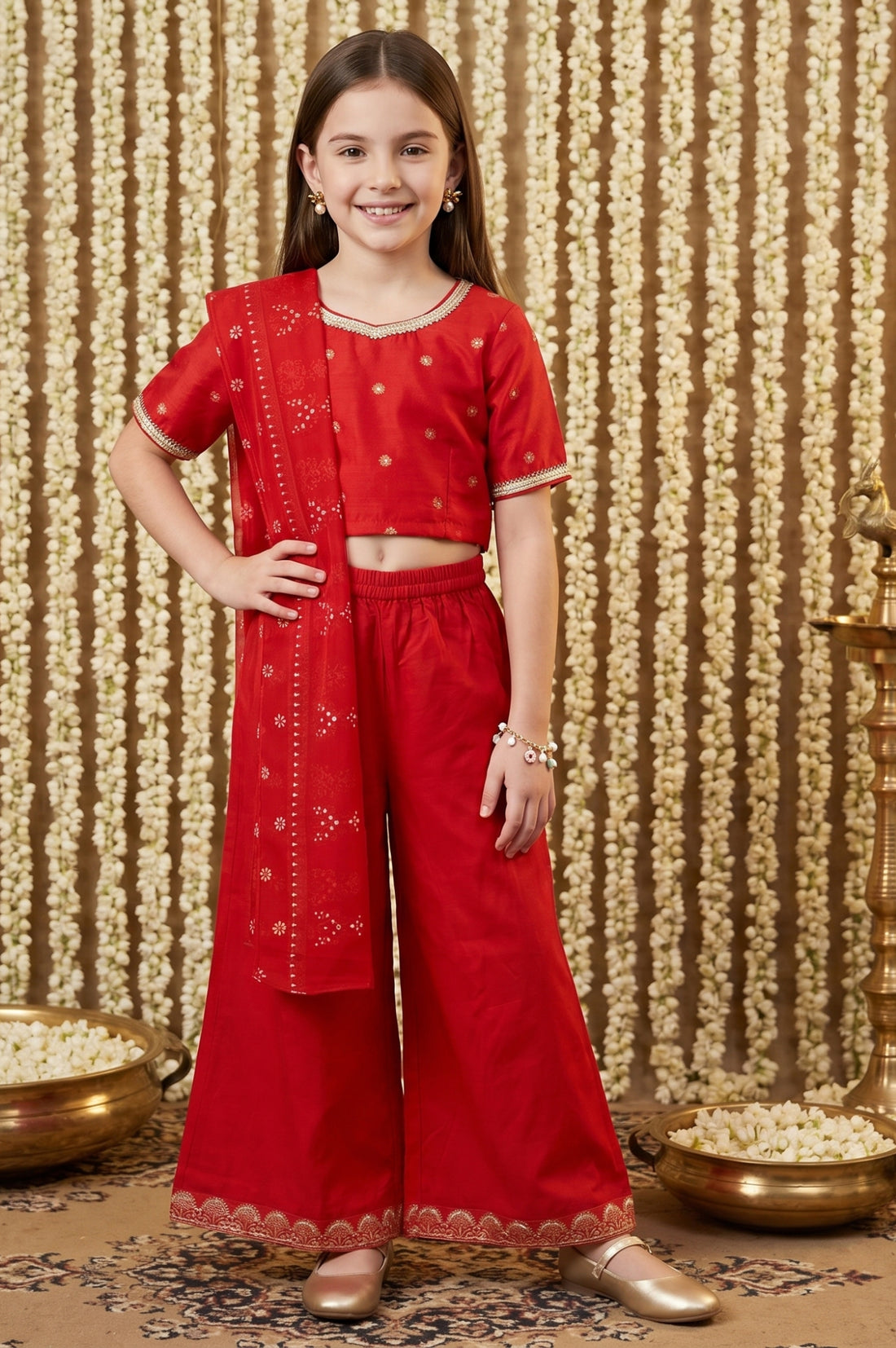 Red Floral Printed Shantung Straight Crop Top with Skirt and Dupatta Set