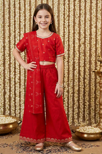 Red Floral Printed Shantung Straight Crop Top with Skirt and Dupatta Set