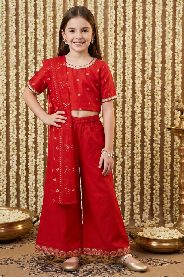 Red Floral Printed Shantung Straight Crop Top with Skirt and Dupatta Set
