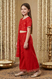 Red Floral Printed Shantung Straight Crop Top with Skirt and Dupatta Set