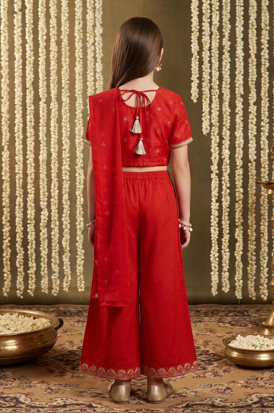 Red Floral Printed Shantung Straight Crop Top with Skirt and Dupatta Set