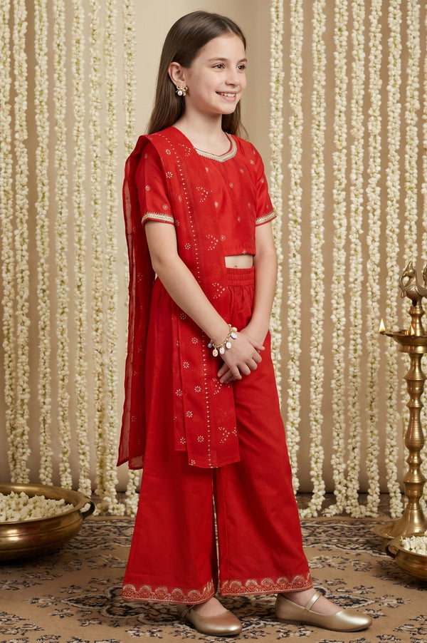 Red Floral Printed Shantung Straight Crop Top with Skirt and Dupatta Set