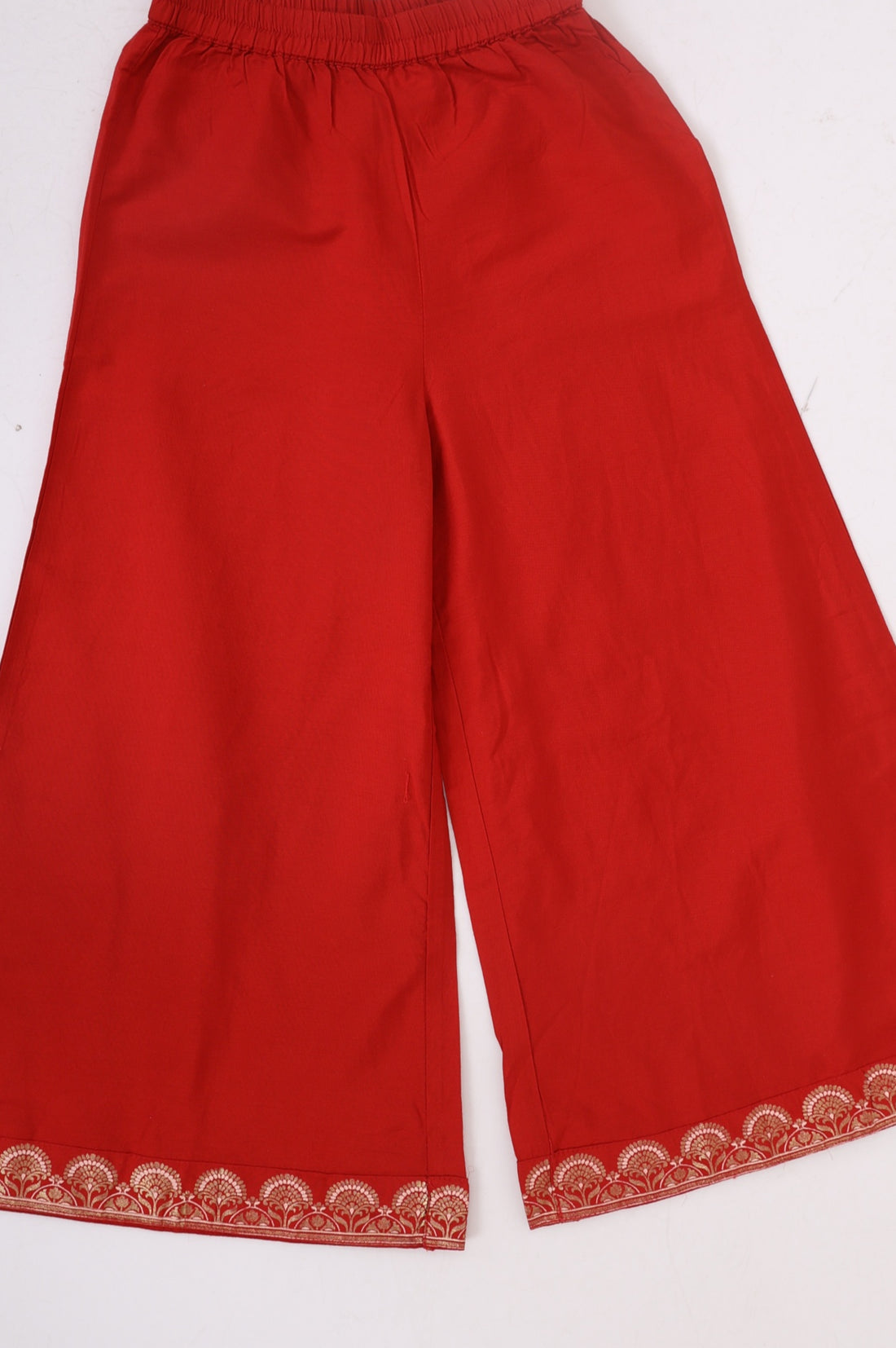 Red Floral Printed Shantung Straight Crop Top with Skirt and Dupatta Set