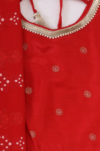 Red Floral Printed Shantung Straight Crop Top with Skirt and Dupatta Set