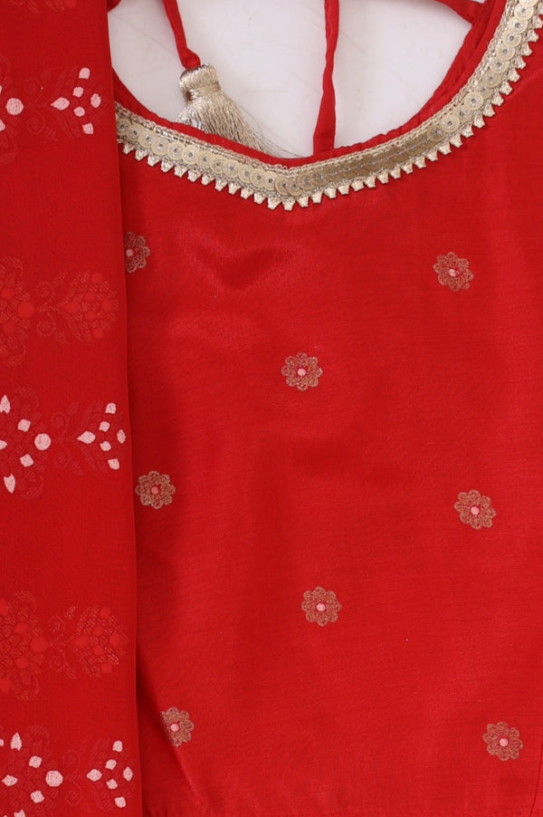 Red Floral Printed Shantung Straight Crop Top with Skirt and Dupatta Set