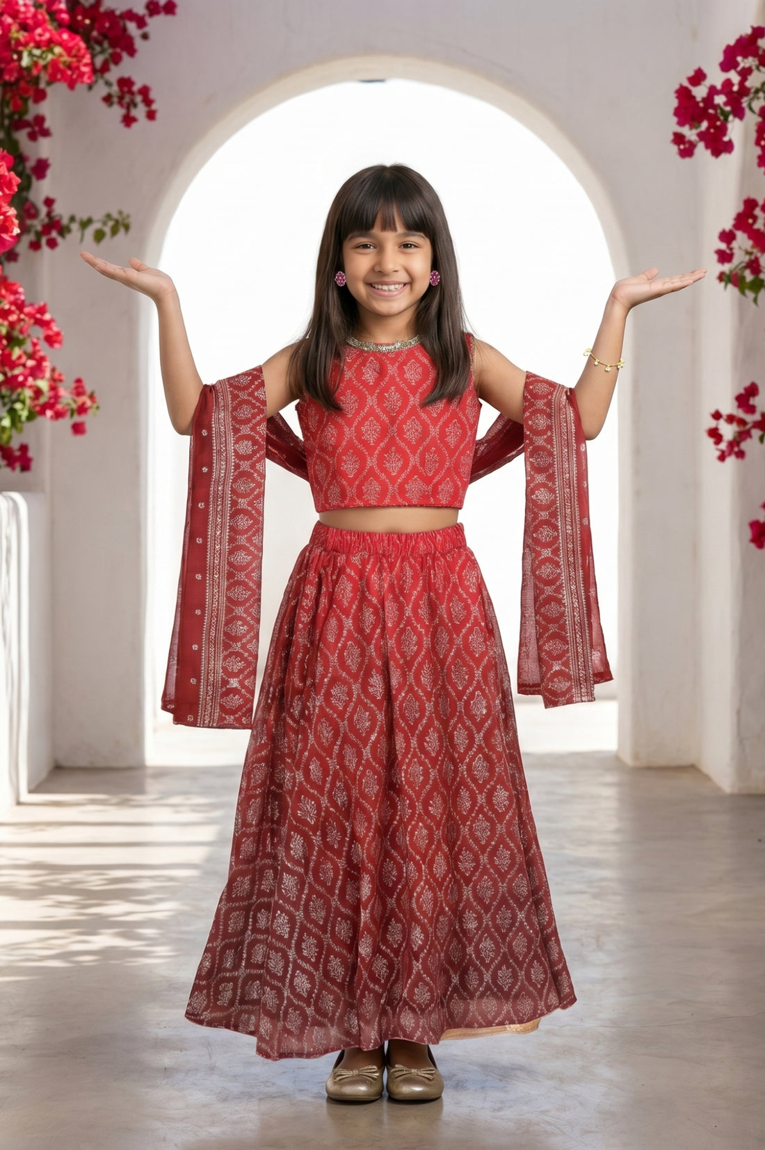 Maroon embellished Chiffon Sleeveless Crop Top and Lehenega Set with Dupatta