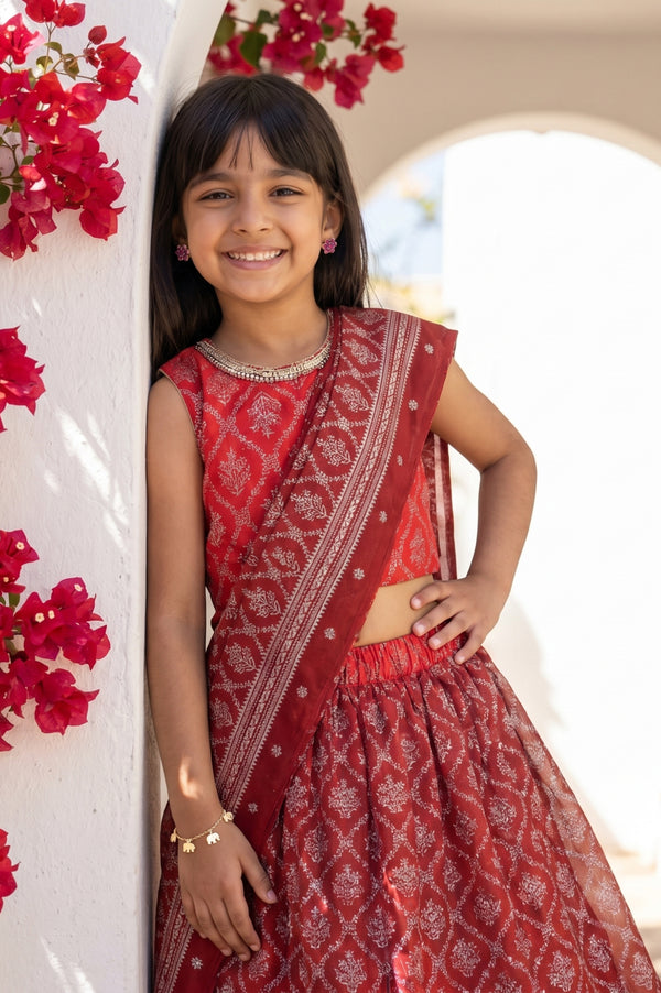 Maroon embellished Chiffon Sleeveless Crop Top and Lehenega Set with Dupatta
