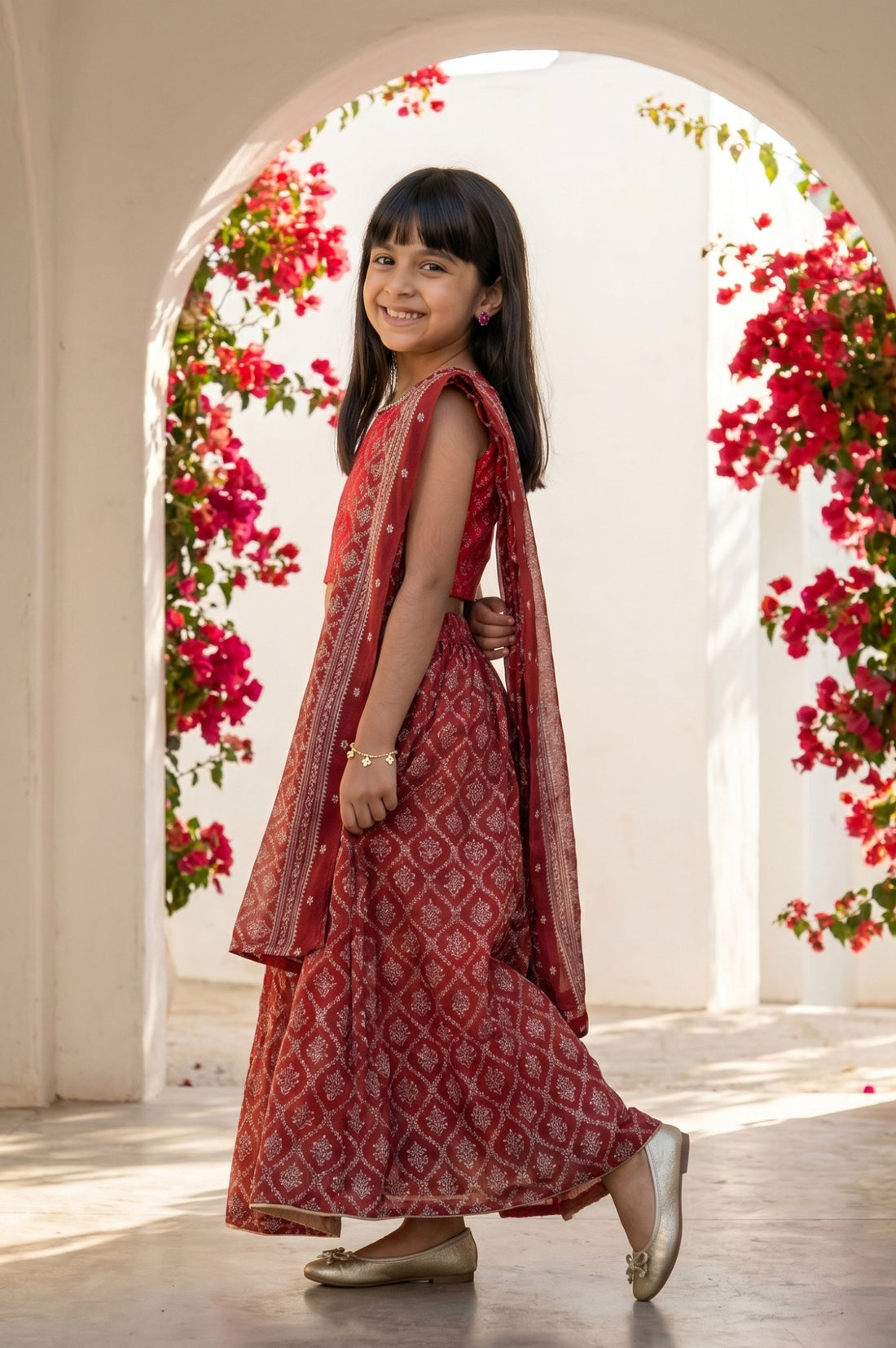 Maroon embellished Chiffon Sleeveless Crop Top and Lehenega Set with Dupatta