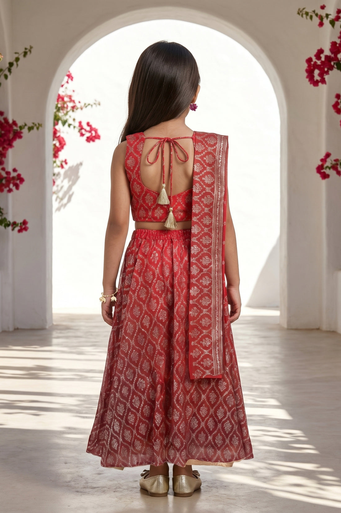 Maroon embellished Chiffon Sleeveless Crop Top and Lehenega Set with Dupatta