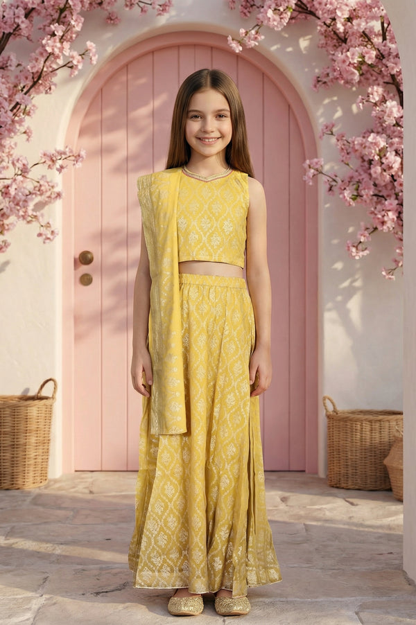 Yellow embellished Chiffon Sleeveless Crop Top and Lehenega Set with Dupatta