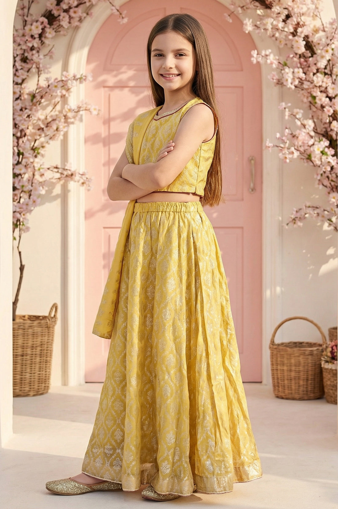 Yellow embellished Chiffon Sleeveless Crop Top and Lehenega Set with Dupatta