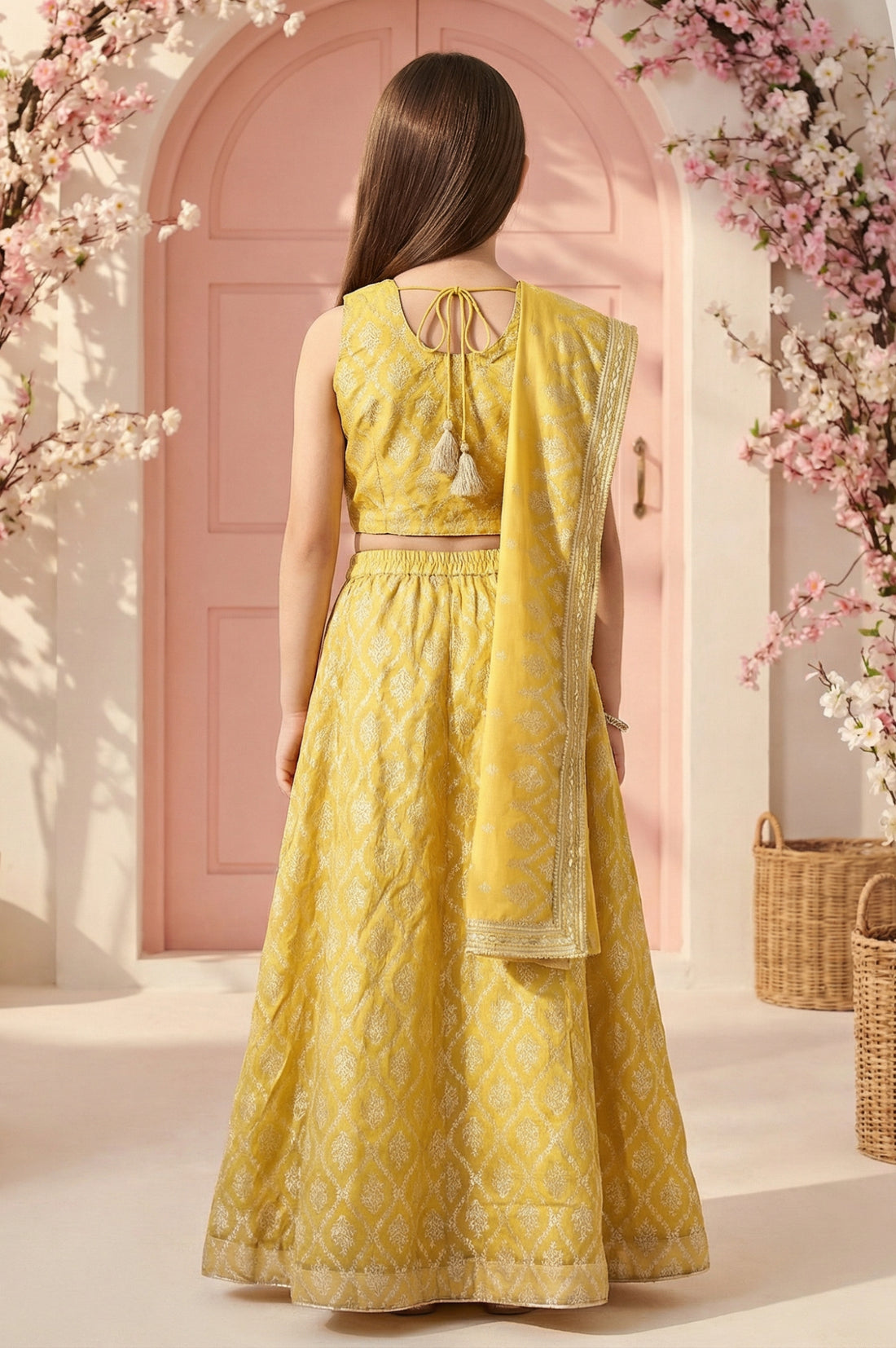 Yellow embellished Chiffon Sleeveless Crop Top and Lehenega Set with Dupatta