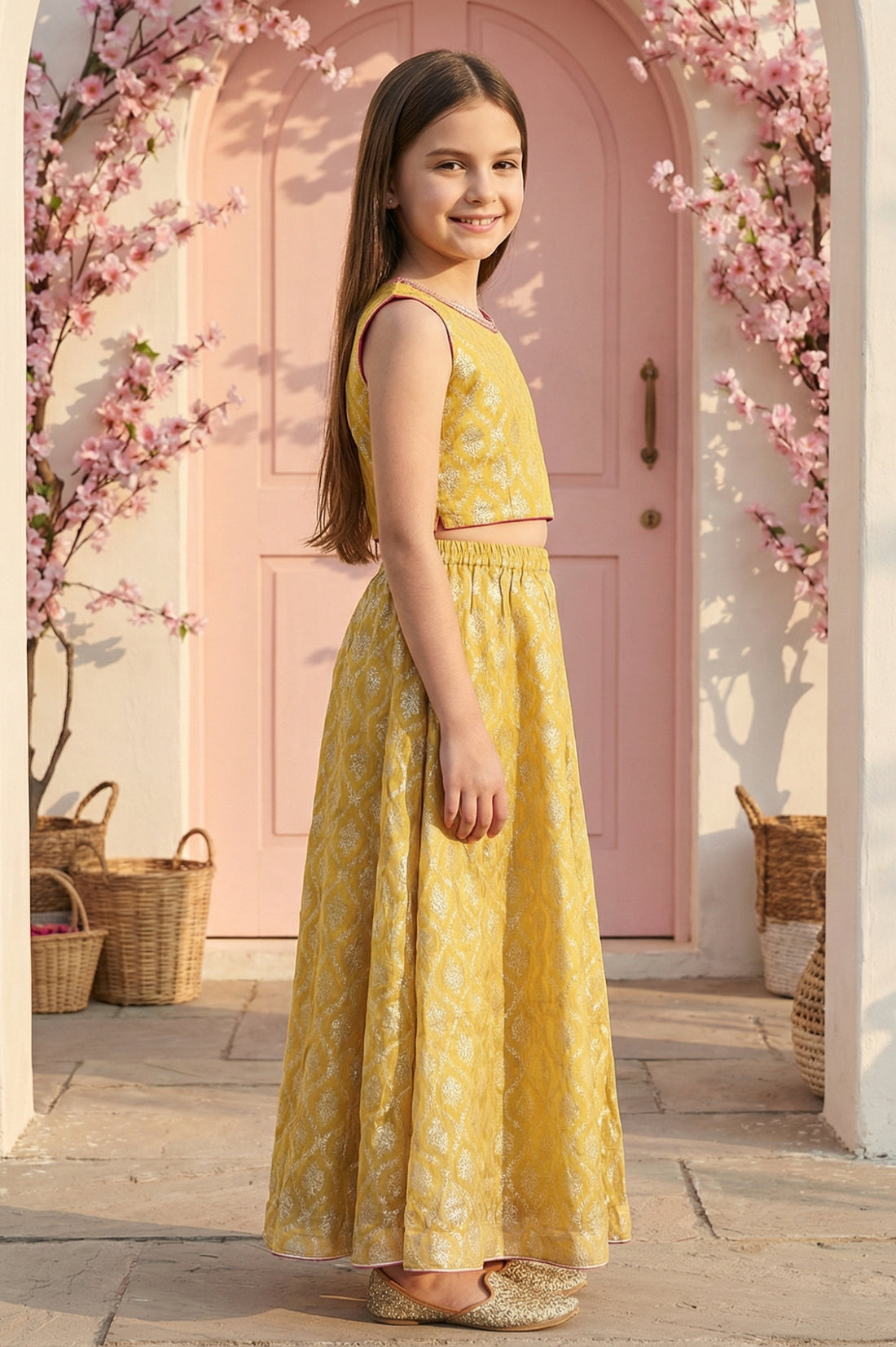 Yellow embellished Chiffon Sleeveless Crop Top and Lehenega Set with Dupatta