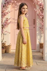 Yellow embellished Chiffon Sleeveless Crop Top and Lehenega Set with Dupatta